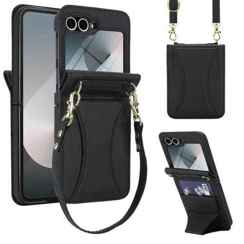 Funda para Samsung Galaxy Z Flip6 con ranura para tarjetas y soporte plegable integrado, con cordón largo y corto (negro)