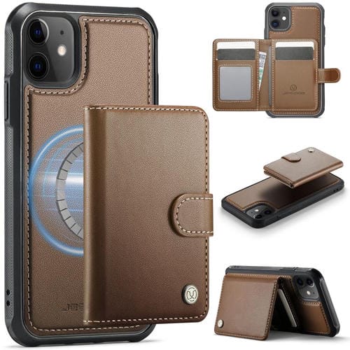 JEEHOOD J09 - Funda de cuero con hebilla para iPhone 11, estilo magnético, RFID, MagSafe (marrón)
