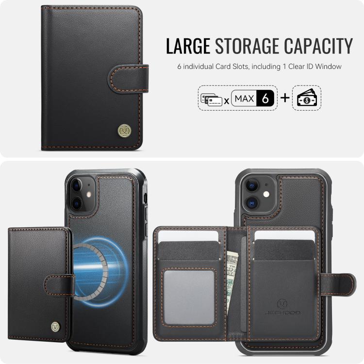 Funda de cuero con hebilla magnética para iPhone 11 JEEHOOD J09, con ranuras para tarjetas, estilo RFID y MagSafe (negro)