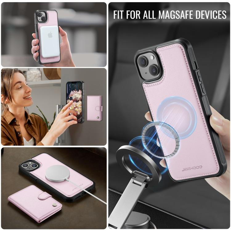 Funda de cuero con hebilla magnética para iPhone 14 JEEHOOD J09, estilo RFID, MagSafe (rosa)