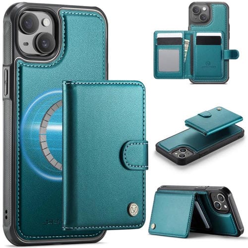 Funda de cuero con hebilla magnética para iPhone 14 JEEHOOD J09, con ranuras para tarjetas, MagSafe, RFID (verde)