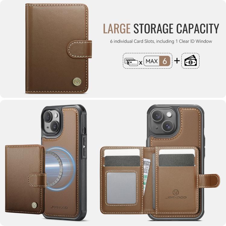 Funda de cuero con hebilla magnética para iPhone 14 JEEHOOD J09, con RFID y MagSafe (marrón)