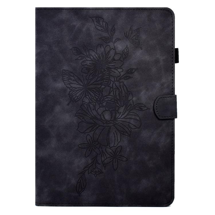 Funda de cuero con relieve de mariposa y peonía para Xiaomi Redmi Pad 2 (negra)