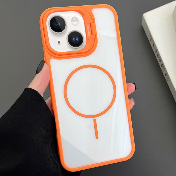 Funda magnética MagSafe para iPhone 15 Plus con soporte para lente de PC (naranja)