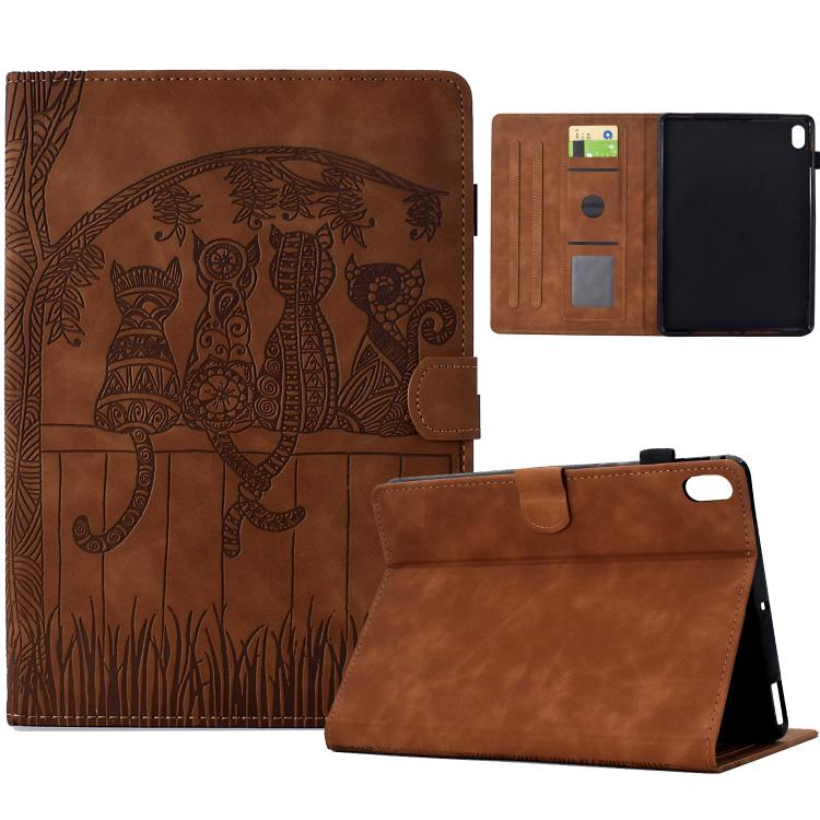 Funda de cuero con relieve de gato para Xiaomi Redmi Pad 2 (marrón)