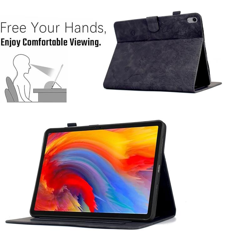 Funda de cuero inteligente con estampado de flores y pájaros para Xiaomi Redmi Pad 2 (negra)
