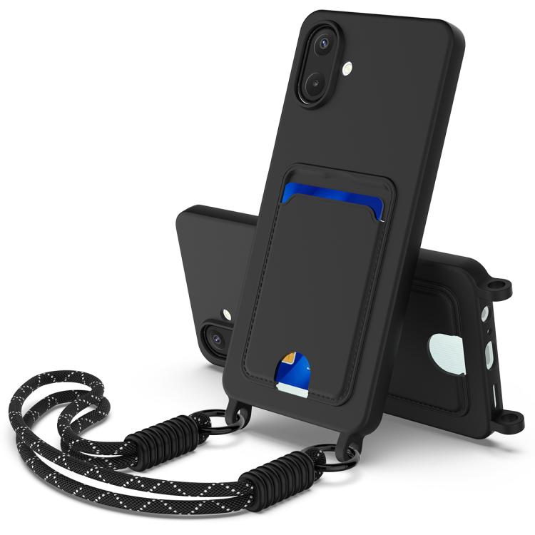 Funda de silicona líquida de color sólido para Samsung Galaxy A07 5G con tarjetero integrado y cordón corto (negro)
