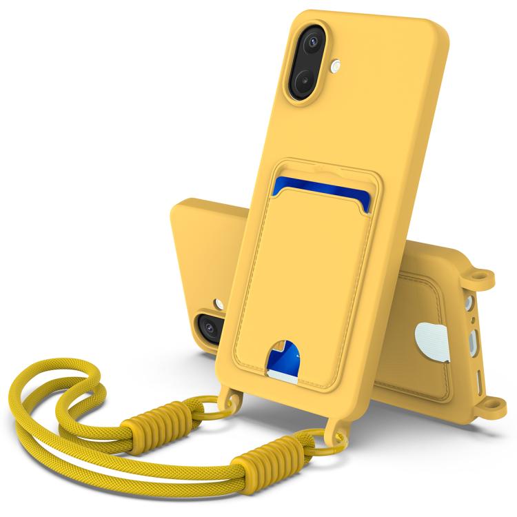 Funda de silicona líquida de color sólido para Samsung Galaxy A07 5G con tarjetero integrado, Gen2, con cordón corto (amarilla)