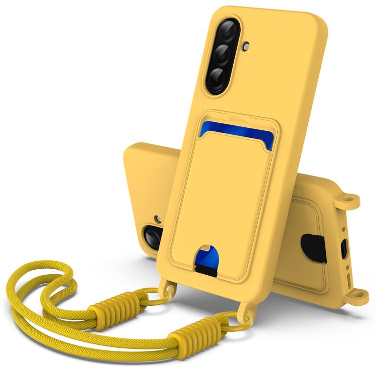 Funda de silicona líquida de color sólido para Samsung Galaxy A36 5G / A56 5G, con tarjetero integrado, Gen2 y cordón corto (amarilla)