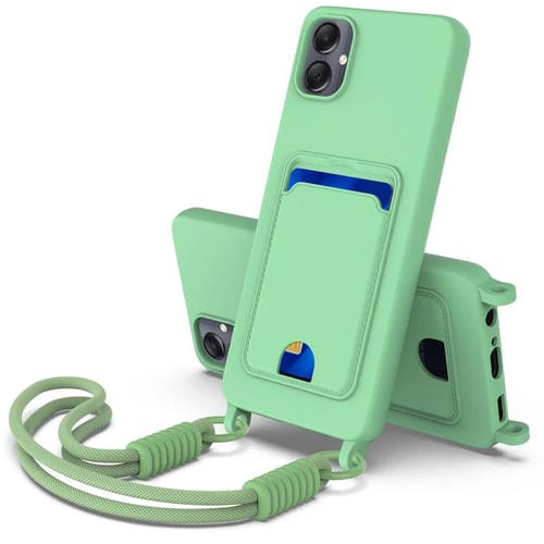 Funda de silicona líquida de color sólido para Samsung Galaxy A05/M05/F05 4G con tarjetero integrado y cordón corto (verde)