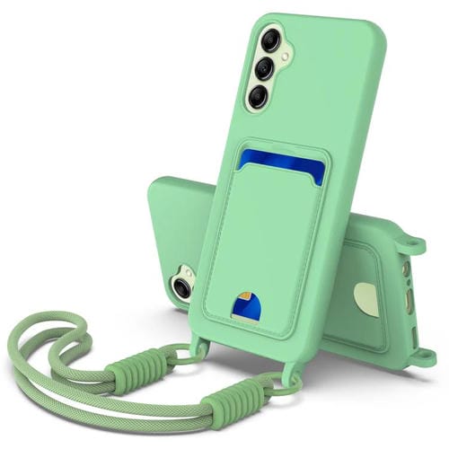 Funda de silicona líquida de color sólido para Samsung Galaxy A14 4G/5G (Gen2) con tarjetero integrado y cordón corto (verde)