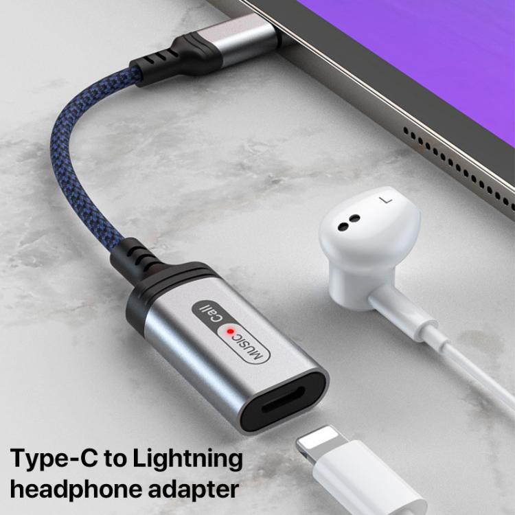 Adaptador de audio para auriculares MH-306 USB-C/Tipo C a 8 pines con luz indicadora (azul grisáceo)