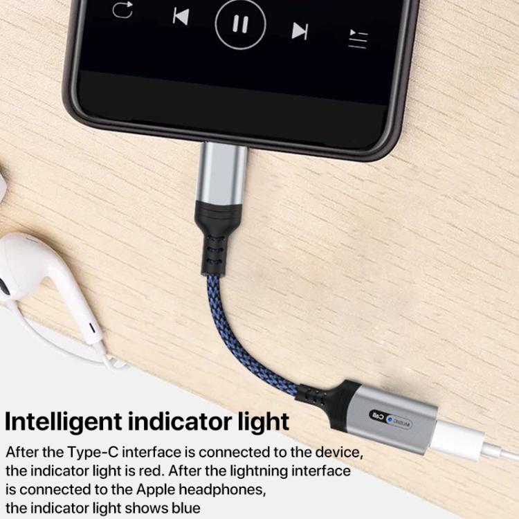 Adaptador de audio para auriculares MH-306 USB-C/Tipo C a 8 pines con luz indicadora (azul grisáceo)