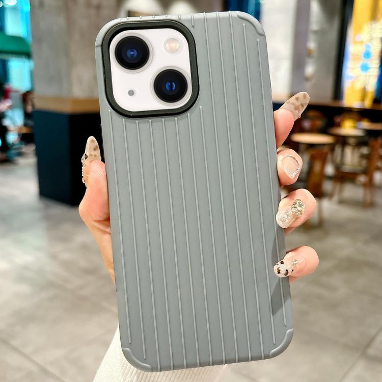Funda MagSafe de cobertura total para iPhone 14 Plus con diseño inspirado en maletas (gris)