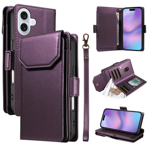 Funda de cuero con múltiples tarjetas y correa para iPhone 17 (morado)