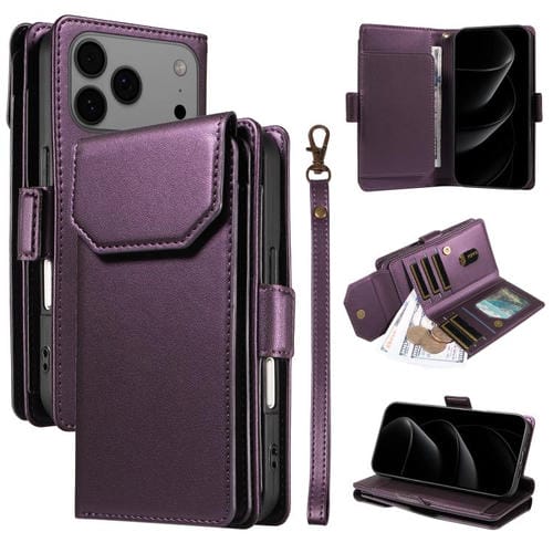 Funda de cuero con tarjetero para iPhone 17 Pro Max con correa (morado)