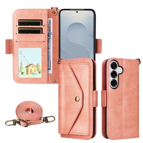 Funda de piel de vacuno cruzada con ranuras para múltiples tarjetas para Samsung Galaxy S25 5G (rosa)
