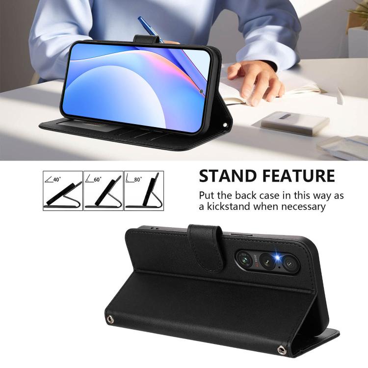 Funda de cuero con relieve RFID y cordón para Sony Xperia 1 V (negro)