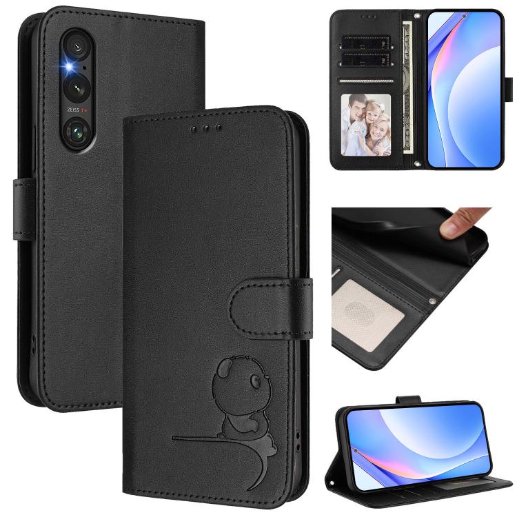 Funda de cuero con relieve RFID y cordón para Sony Xperia 1 V (negro)