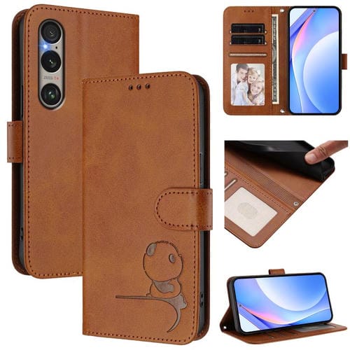 Funda de cuero con relieve RFID y cordón para Sony Xperia 1 VI (marrón)