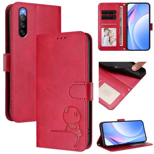 Funda de cuero RFID con estampado de panda y cordón para Sony Xperia 10 V (rosa)