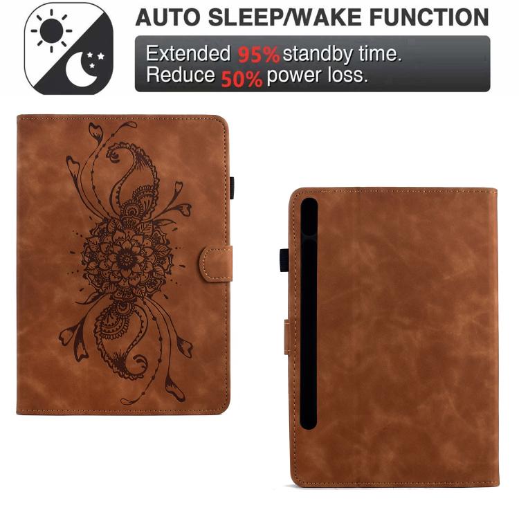 Funda de cuero inteligente con relieve de mandala para Samsung Galaxy Tab S10 FE+ (marrón)