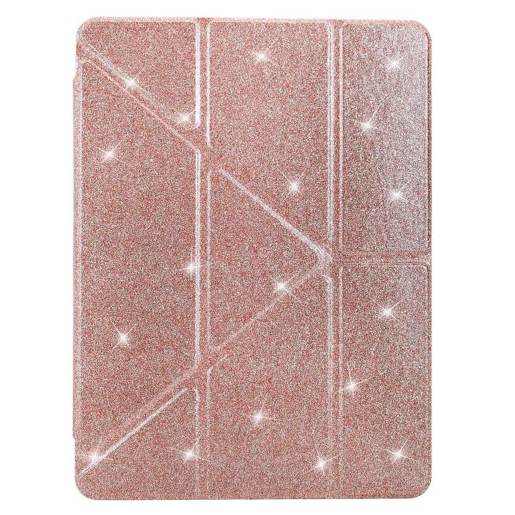 Funda de cuero inteligente con purpurina acrílica transparente plegable en Y para iPad 2025/2022 (oro rosa)