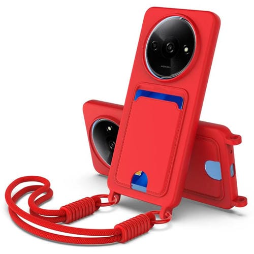 Funda de silicona líquida de color sólido para Redmi A3 4G / A3x 4G / Poco C61 (Gen2) con tarjetero integrado y cordón corto (rojo)