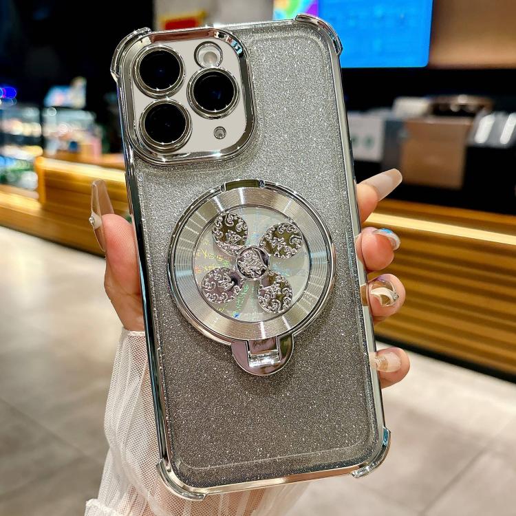 Funda con soporte giratorio para iPhone 11 Pro con purpurina degradada (plateada)