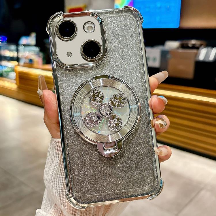 Funda con soporte giratorio para iPhone 14 con purpurina degradada (plateada)