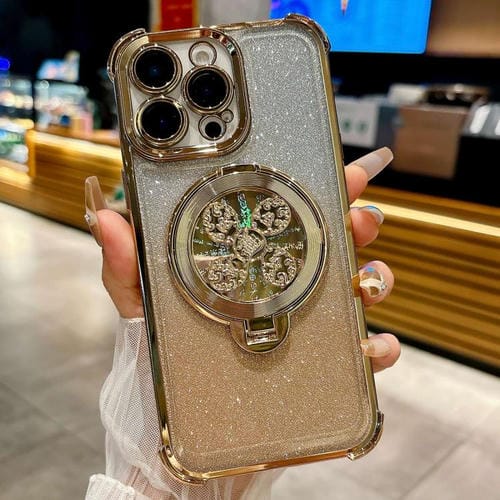 Funda con soporte giratorio para iPhone 14 Pro con purpurina degradada (dorada)