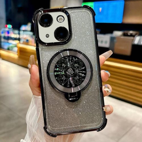 Funda con soporte giratorio para iPhone 15 Plus con purpurina degradada (negra)