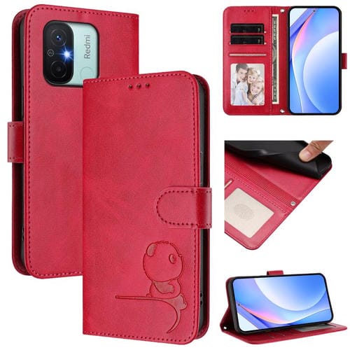Funda de cuero RFID con estampado de panda y cordón para Redmi 11A / Xiaomi Poco C55 (rosa)