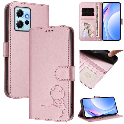 Funda de cuero con estampado RFID y cordón para Redmi Note 12 4G Global Litter Panda (rosa)