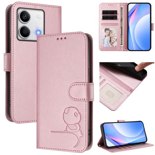 Funda de cuero con estampado de panda y RFID para Redmi Note 13 5G con cordón (rosa)