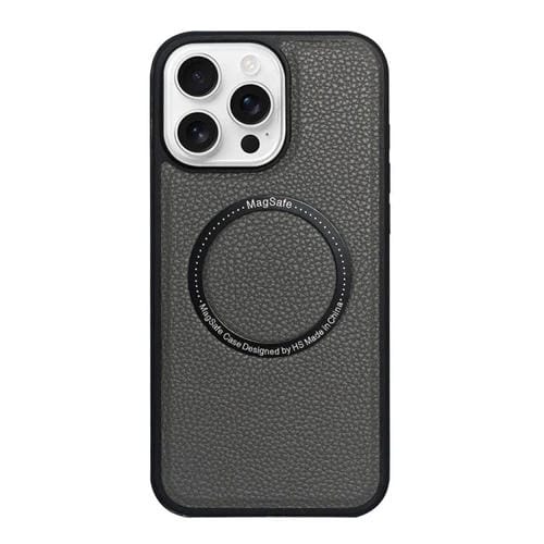 Funda trasera MagSafe de PU con textura de lichi para iPhone 16 Pro Max (gris)