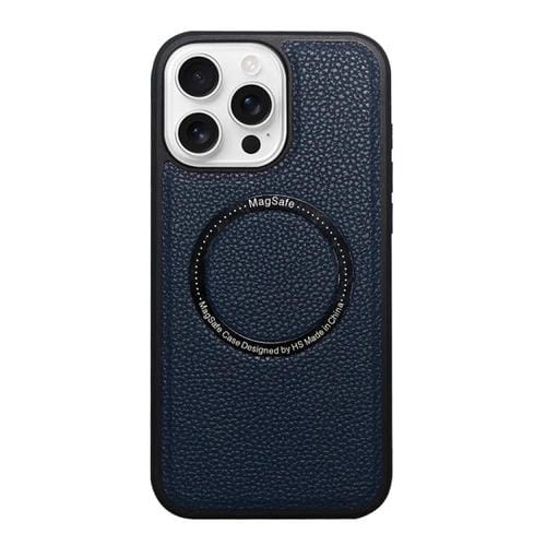 Funda trasera MagSafe de PU con textura de lichi para iPhone 16 Pro Max (azul)