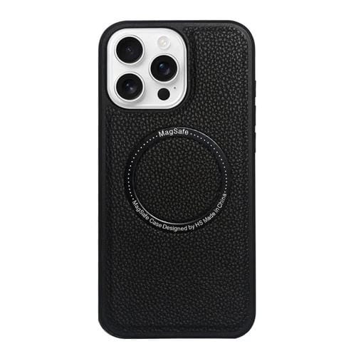 Funda trasera MagSafe de PU con textura de lichi para iPhone 16 Pro Max (negra)
