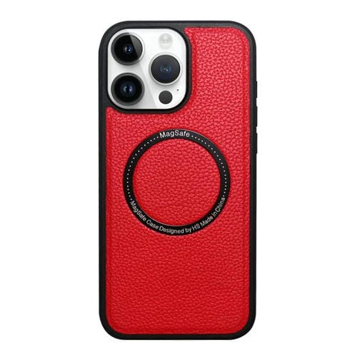 Funda trasera MagSafe de PU con textura de lichi para iPhone 15 Pro Max (roja)