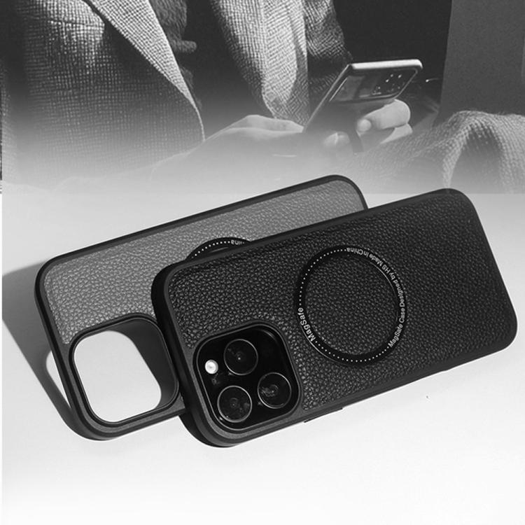 Funda trasera MagSafe de PU con textura de lichi para iPhone 15 (roja)