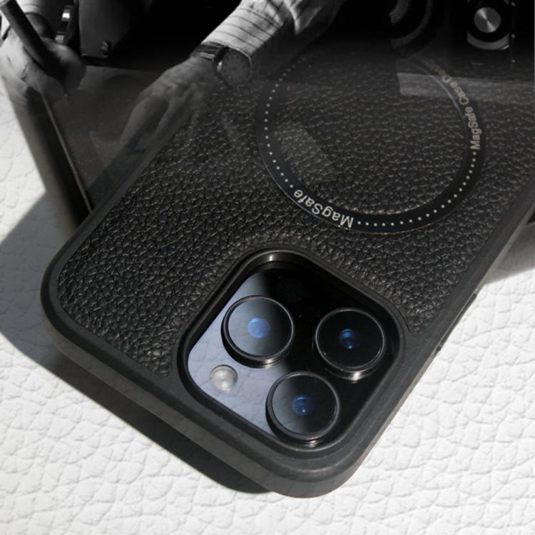 Funda trasera MagSafe de PU con textura de lichi para iPhone 15 Pro (marrón)