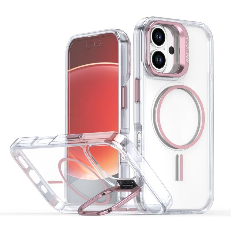 Funda para iPhone 16 Plus con marco de lente MagSafe transparente y brillante (rosa)