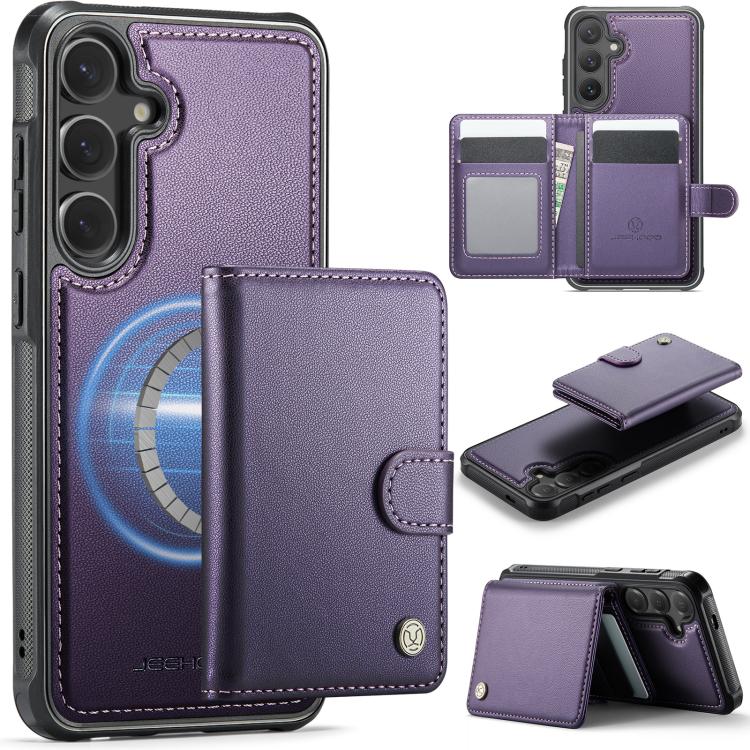 Funda de cuero con hebilla magnética para Samsung Galaxy S25+ 5G JEEHOOD J09, con ranuras para tarjetas, estilo RFID y MagSafe (morado)