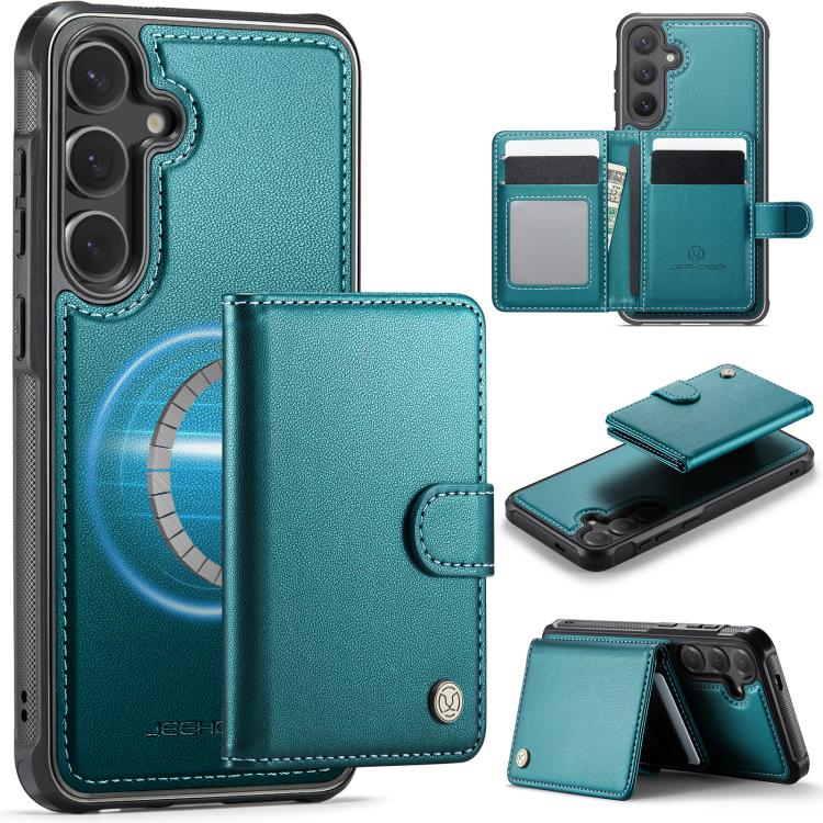 Funda de cuero con hebilla magnética para Samsung Galaxy S25+ 5G JEEHOOD J09, con ranuras para tarjetas, MagSafe, RFID (verde)