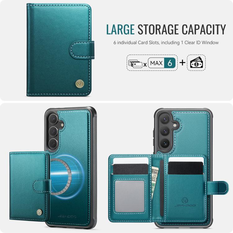 Funda de cuero con hebilla magnética para Samsung Galaxy S24 FE 5G JEEHOOD J09, con ranuras para tarjetas, MagSafe, RFID (verde)