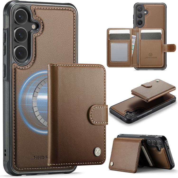 Funda de cuero con hebilla magnética para Samsung Galaxy S24+ 5G JEEHOOD J09, con ranuras para tarjetas, estilo RFID y MagSafe (marrón)