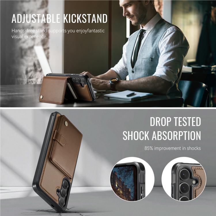Funda de cuero con hebilla magnética para Samsung Galaxy S24+ 5G JEEHOOD J09, con ranuras para tarjetas, estilo RFID y MagSafe (marrón)