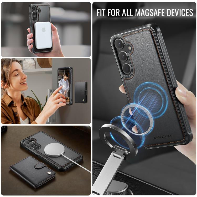 Funda de cuero con hebilla magnética para Samsung Galaxy S24+ 5G JEEHOOD J09, con ranuras para tarjetas, MagSafe, RFID (negro)