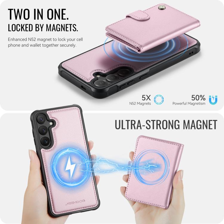 Funda de cuero con hebilla magnética para Samsung Galaxy S24 5G JEEHOOD J09, con ranuras para tarjetas, estilo RFID y MagSafe (rosa)
