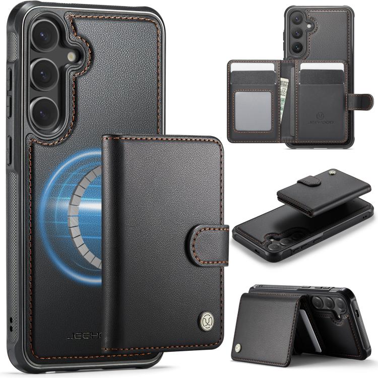 Funda de cuero con hebilla magnética para Samsung Galaxy S24 5G JEEHOOD J09, con ranuras para tarjetas, estilo RFID y MagSafe (negro)